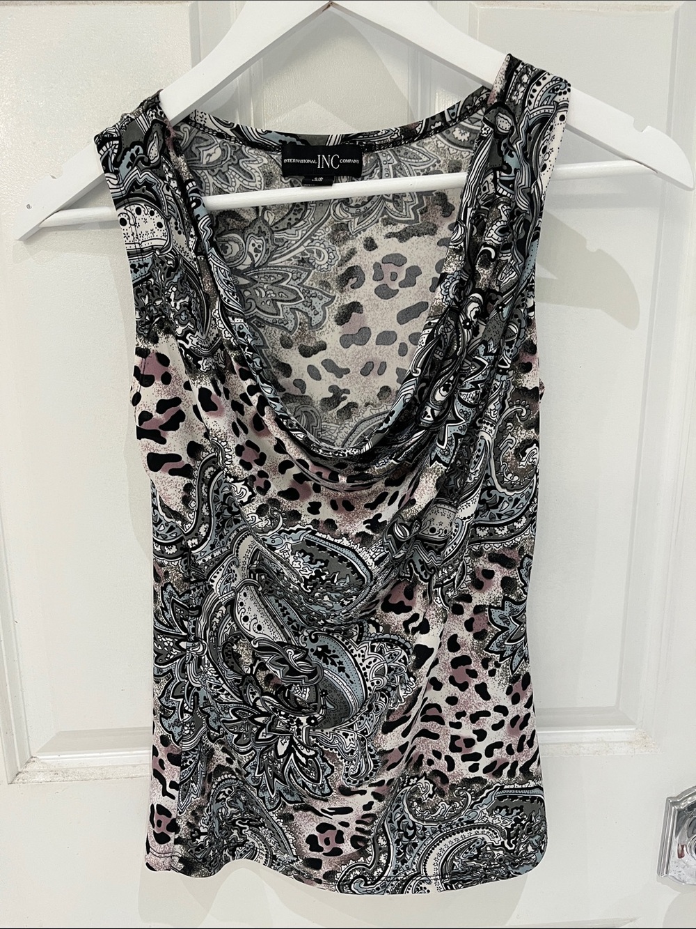INC International Concepts Pink, Black & Gray Paisley Cowl-Neck Tank
